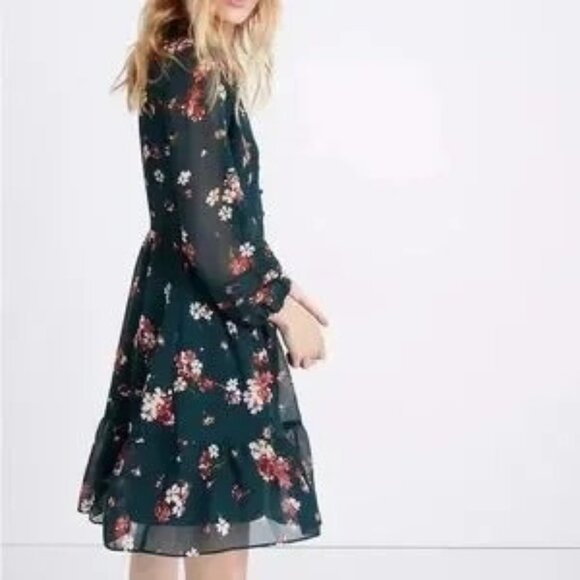 Madewell Womens Pintuck Green Floral Long Sleeve Dress Size 10 - Picture 15 of 15